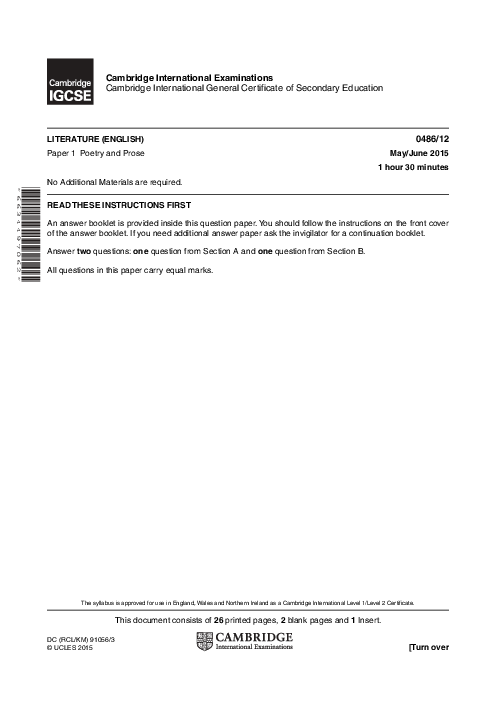 English-Literature 0486/12 May June 2015