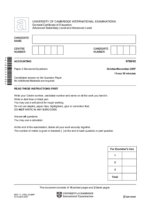 Accounting 9706/02 Oct Nov 2007 | Cambridge AS Level Past Papers With Mark Scheme