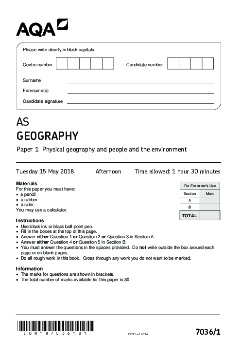 Geography 7036 Paper 1 June 2018, AQA AS-Level Past Papers with Mark Schemes