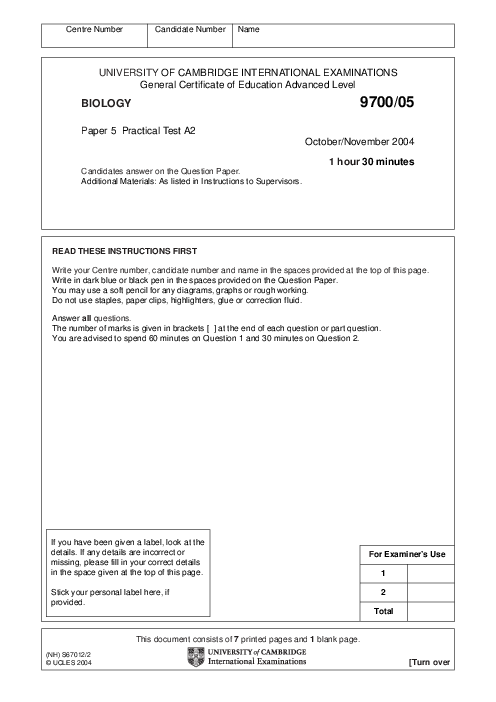 Paper 5, Oct Nov 2004 | Cambridge AS - A Level Biology (9700) Past Papers