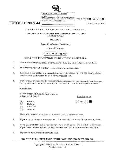 Biology June 2018 Paper 1