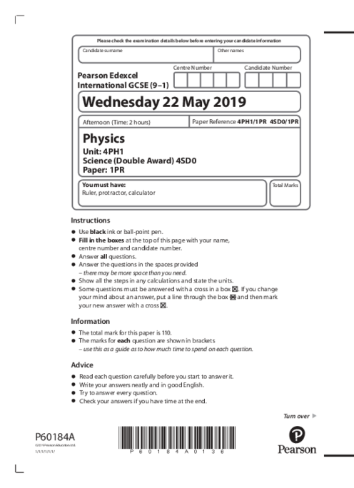  Physics 4PH1/1PR May June  2019 | Edexcel IGCSE Past Papers With Mark Scheme