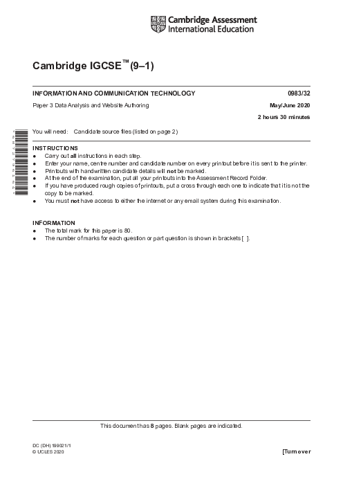  Information and Communication Technology 0983/32 May June 2020 | Cambridge 9–1 IGCSE Past Papers With Mark Scheme