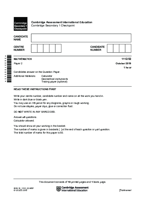 MATHEMATICS 1112,02 October 2019 | Cambridge Lower secondary Checkpoint Past Papers with Mark Schemes