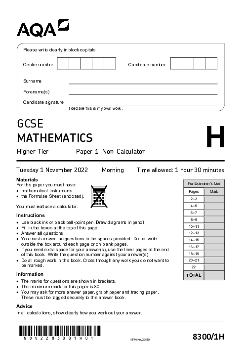 Mathematics 8300/1H November 2022