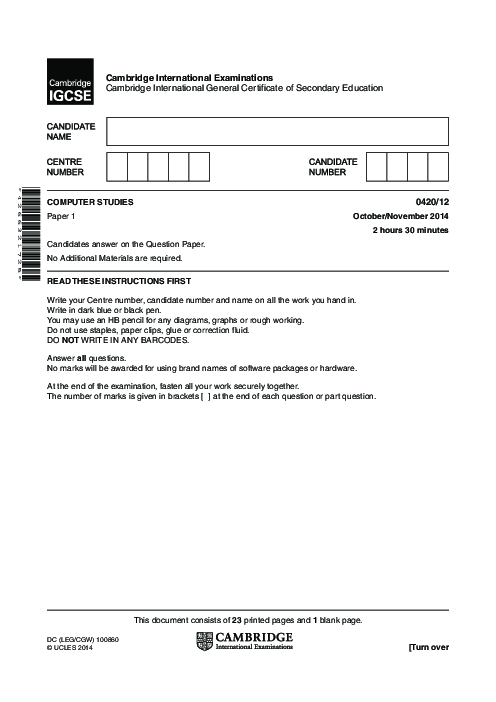Computer Studies 0420/12 Oct Nov 2014
