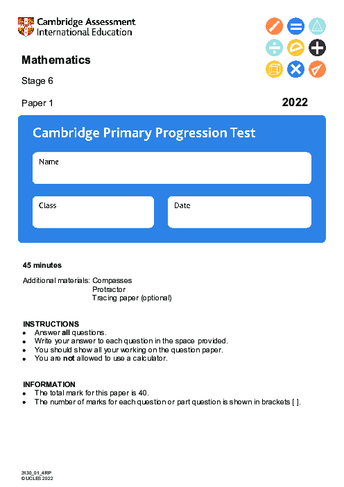 Cambridge Progression Test Stage 6 Mathematics 2022 Paper 1