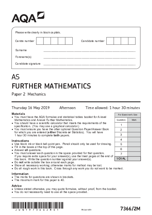 Further Mathematics 7366 Paper 2M June 2019, AQA AS-Level Past Papers with Mark Schemes