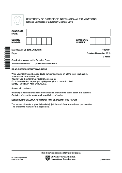 Mathematics Syllabus D 4024/12 Oct Nov 2013