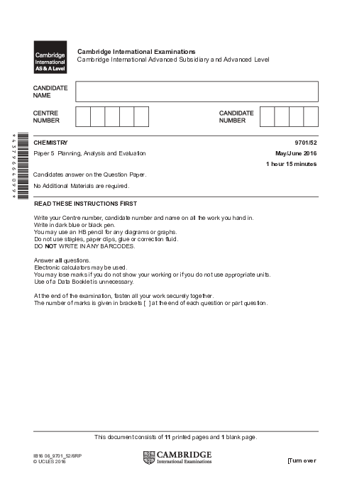 Chemistry 9701/52 May June 2016 | Cambridge AS Level Past Papers With Mark Scheme