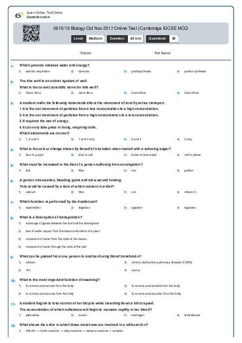 0610/13 Biology Oct Nov 2017 Online Test | Cambridge IGCSE MCQ
