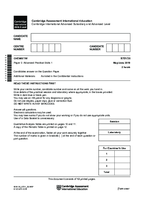 Chemistry 9701/35 May June 2019 | Cambridge AS Level Past Papers With Mark Scheme