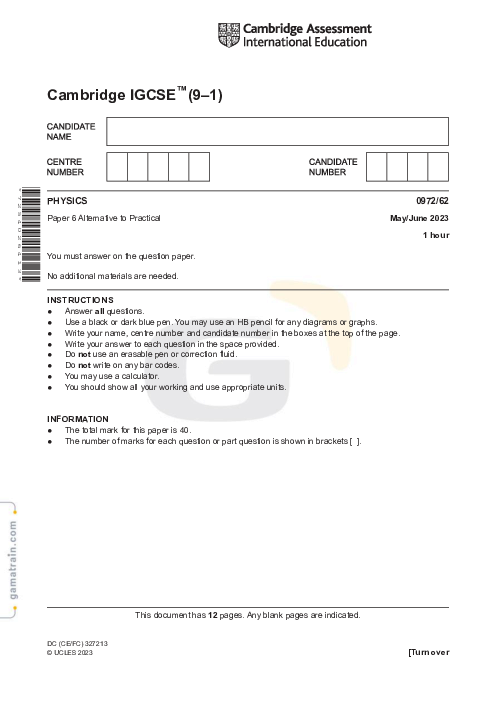 Physics 0972/62 May June 2023