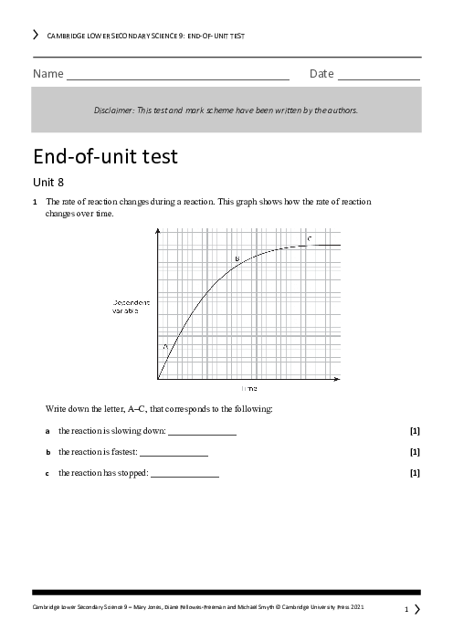Cambridge Year 9 Science End of Unit 8 Test - Answers Included