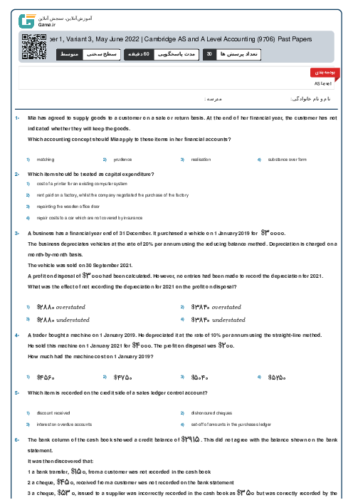 9706/13 Accounting May Jun 2022 Online Test | Cambridge AS and A Level MCQ