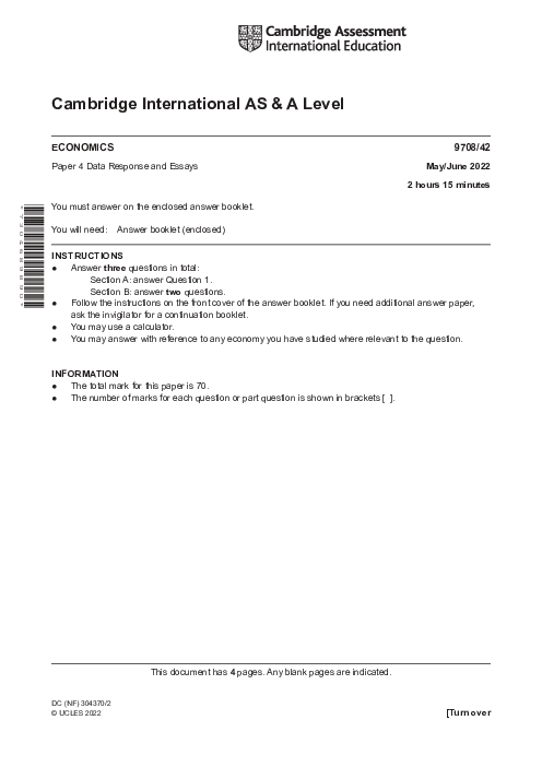 Economics 9708/33 May June 2022 | Cambridge AS Level Past Papers With Mark Scheme