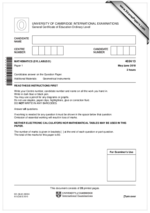 Mathematics Syllabus D 4024/22 May June 2010