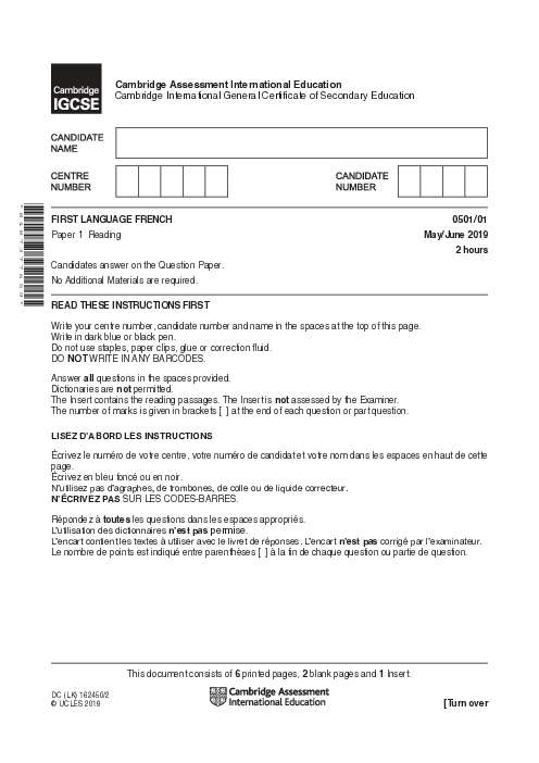 French First Language 0501/01 May June 2019