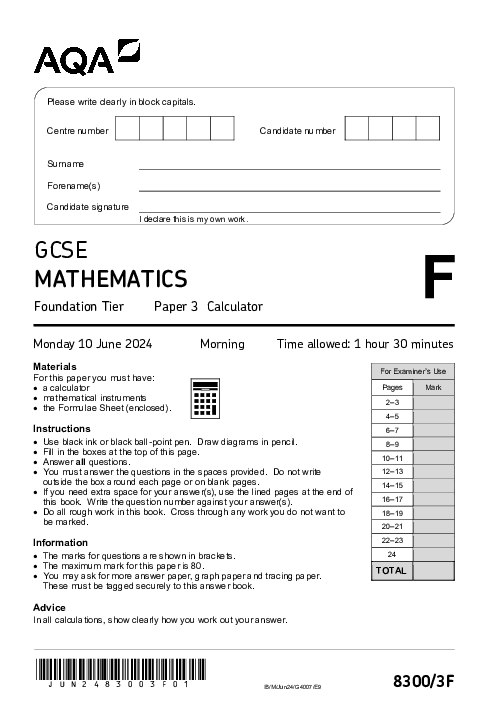  Mathematics 8300/3F June 2024