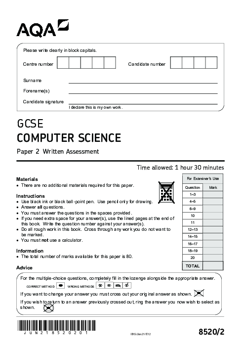 Computer Science 8520/2 June 2021