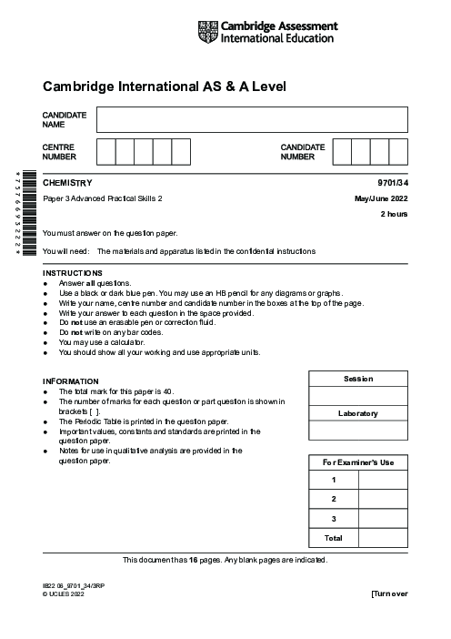 Chemistry 9701/34 May June 2022 | Cambridge AS Level Past Papers With Mark Scheme