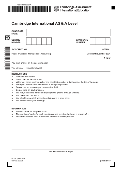 Accounting 9706,41 Oct Nov 2024 | Cambridge AS - A Level Past Papers With Mark Scheme