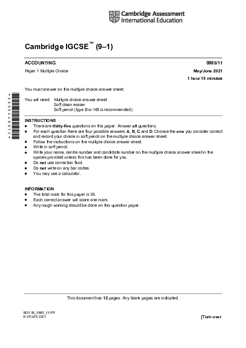 Accounting 0985/11 May June 2021 | Cambridge 9–1 IGCSE Past Papers With Mark Scheme