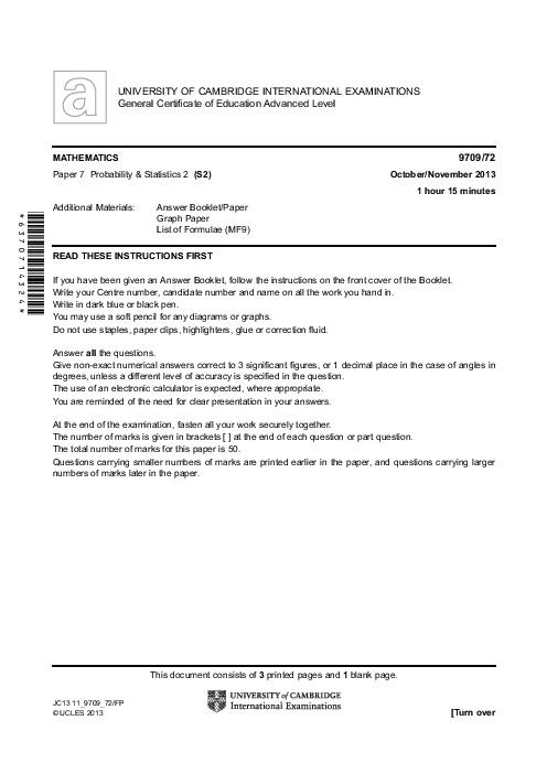 Mathematics 9709/72 Oct Nov 2013 | Cambridge AS & A Level Past Papers With Mark Scheme