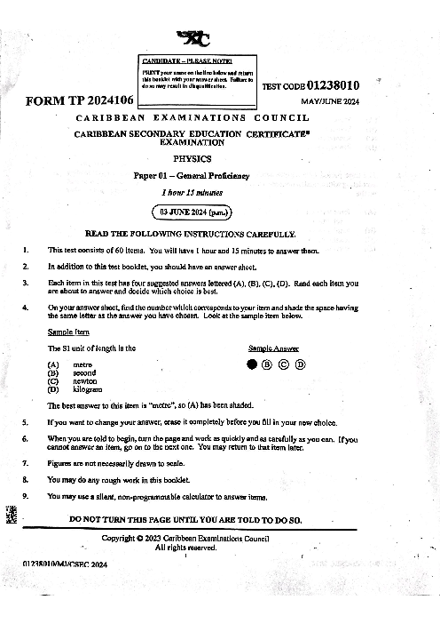 Physics June 2024 Paper 1