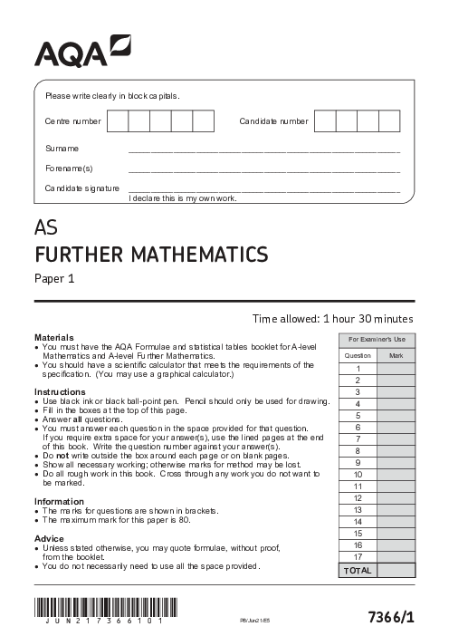 Further Mathematics 7366 Paper 1 June 2021, AQA AS-Level Past Papers with Mark Schemes