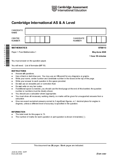 Mathematics 9709/31 May June 2020 | Cambridge AS & A Level Past Papers With Mark Scheme