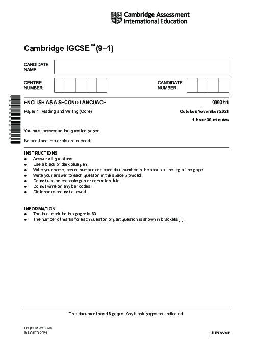 Paper 4, Variant 1, May June 2021 | Cambridge 9–1 GCSE  English as a Second Language (Speaking Endorsement) (0993) Past Papers