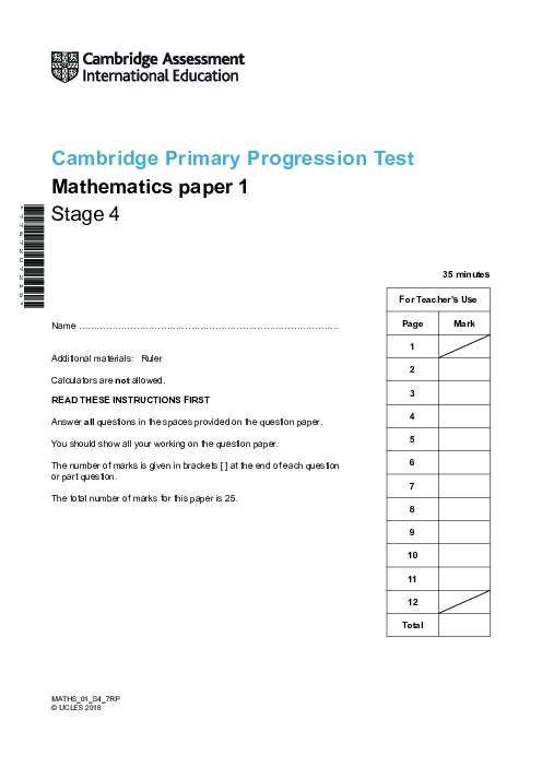 Cambridge Progression Test Stage 4 Mathematics 2018 Paper 1 With Mark Scheme