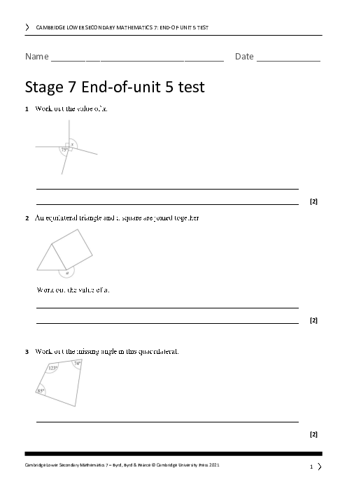 Year 7 Mathematics End of Unit 5 Test - Answers Included