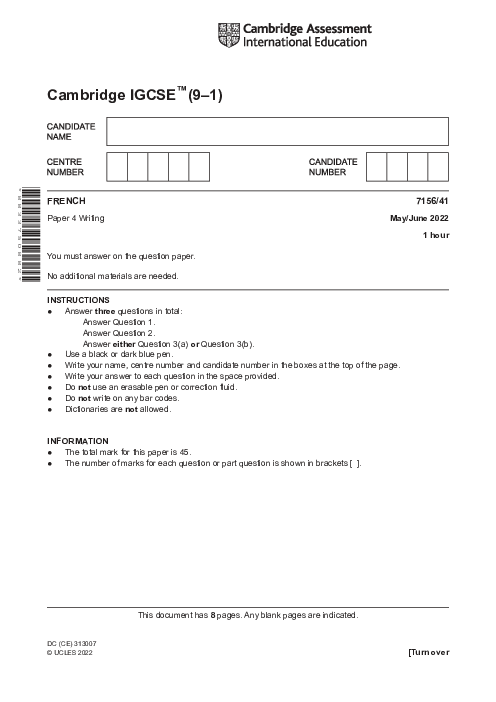  French 7156/41 May June 2022 | Cambridge 9–1 IGCSE Past Papers With Mark Scheme