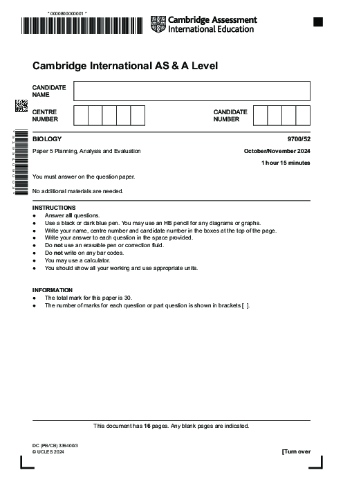 Biology 9700,52 Oct Nov 2024 | Cambridge AS - A Level Past Papers With Mark Scheme