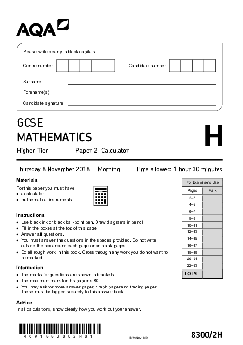 Mathematics 8300/2H November 2018