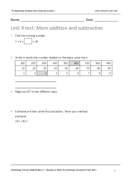 Year 3 Mathematics End of Unit 9 Test - Answers Included