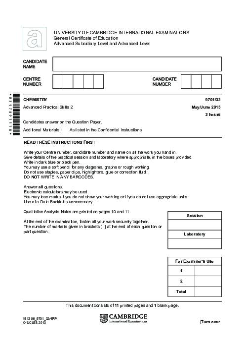 Chemistry 9701/32 May June 2013 | Cambridge AS Level Past Papers With Mark Scheme