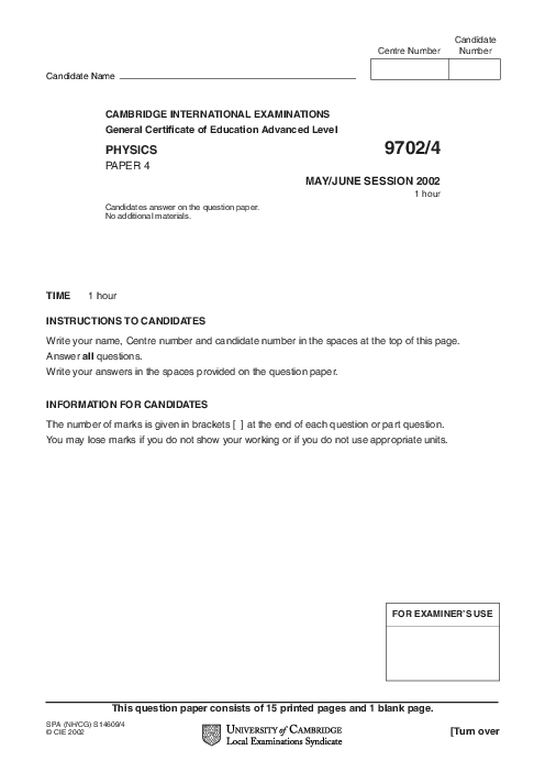 Paper 4, May June 2002 | Cambridge AS - A Level Physics (9702) Past Papers