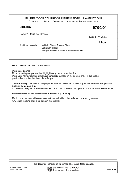 Biology 9700/01 May June 2004 | Cambridge AS Level Past Papers With Mark Scheme