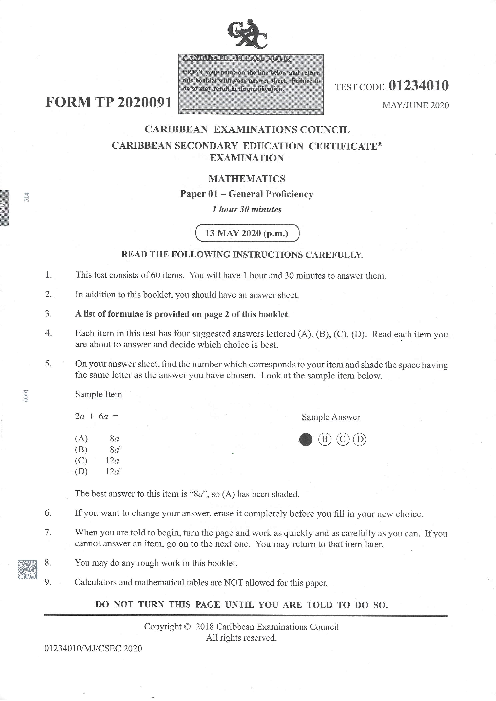 Mathematics June 2020 Paper 1