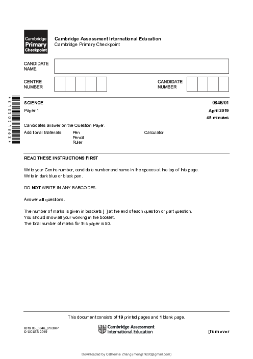 SCIENCE 0846,01 April 2019 | Cambridge Primary Checkpoint Past Papers with Mark Schemes