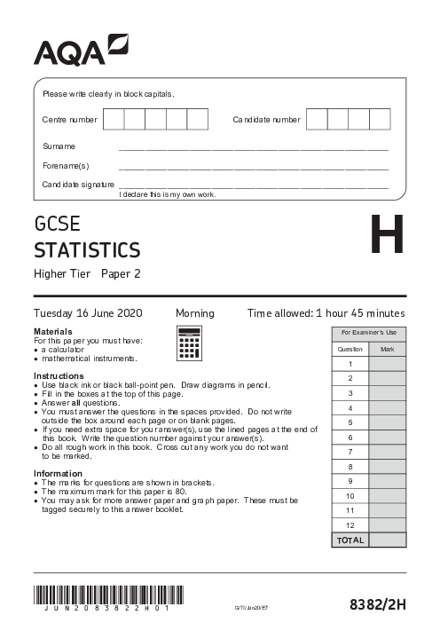 Statistics 8382/2H June 2020