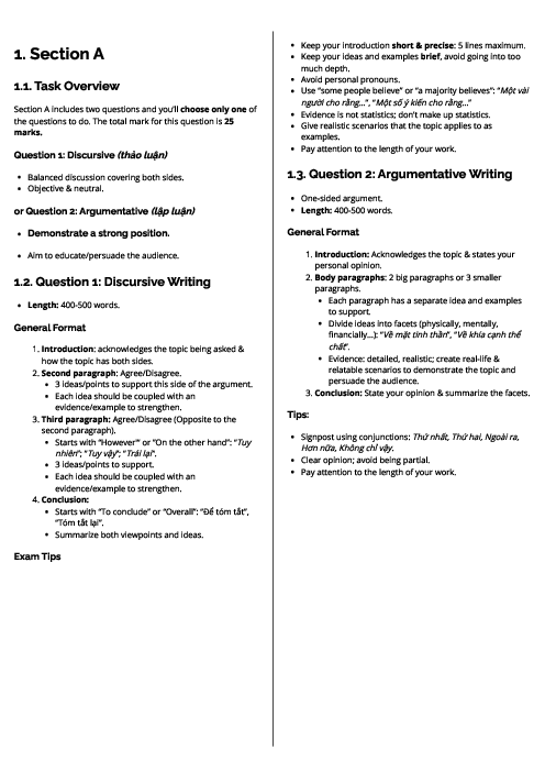  Vietnamese First Language (0695) Section A Revision Note