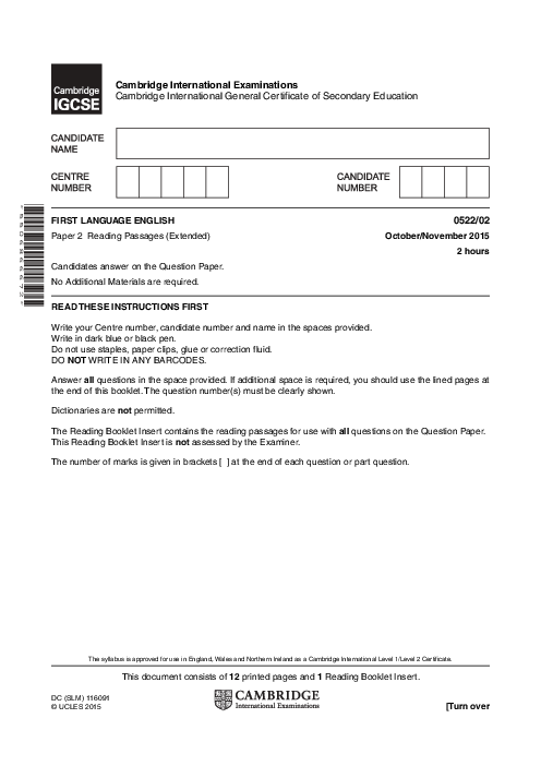 English-First Language (UK) 0522/02 Oct Nov 2015