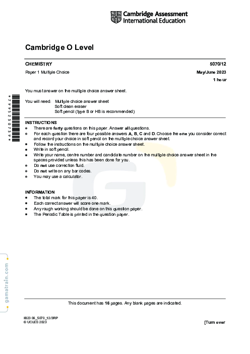 Chemistry 5070/12 May June 2023