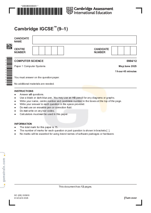 Computer Science 0984/12 May June 2025