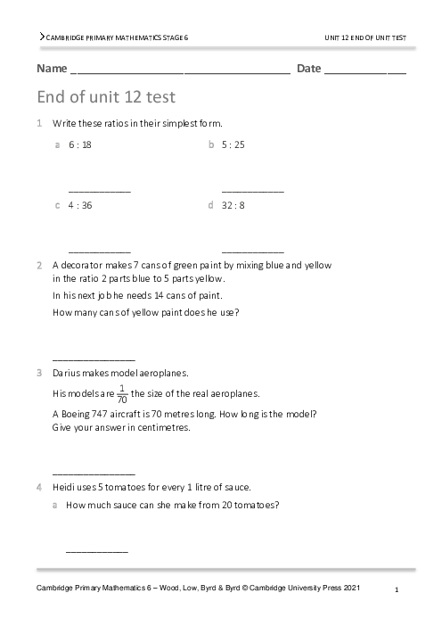Year 6 Mathematics End of Unit 12 Test - Answers Included