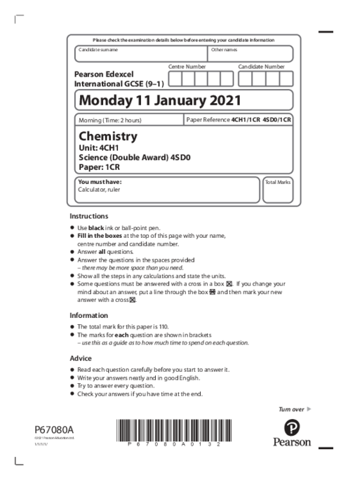 Chemistry 4CH1/1CR January  2021 | Edexcel International GCSE Past Papers With Mark Scheme